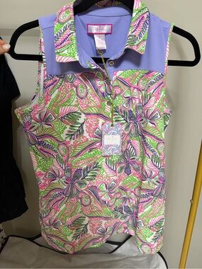 Stela Parker Sleeveless Floral Polo Tank - Lavender, Pink & Green